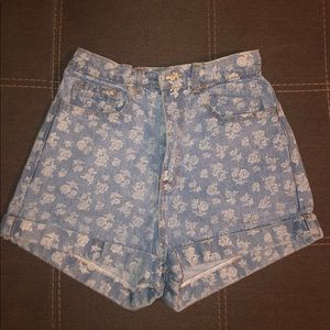 Floral Pattern High Waisted Denim Shorts